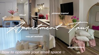 FURNISHED APARTMENT TOUR 485sqft 🎀🪞 how to decorate amp organize small space pinterest inspired [upl. by Aihsei629]