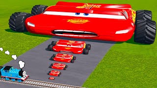 Big amp Small Wide Lightning McQueen Monster Truck VS Thomas The Tank Engine Trains  BeamNGDrive [upl. by Nbi]