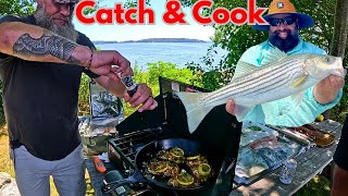 Striped Bass CATCH amp COOK with Professional CHEF Cast Iron Oceanside Fish [upl. by Grati]