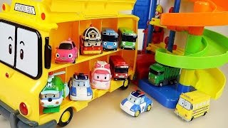 Robocar Poli car toys Parking Tower play and Tayo School bus [upl. by Vogel]