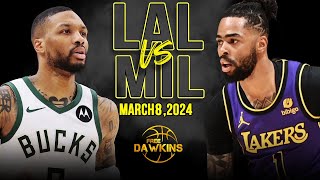 Los Angeles Lakers vs Milwaukee Bucks Full Game Highlights  March 8 2024  FreeDawkins [upl. by Jenness]