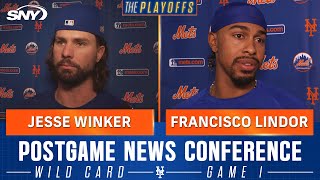 Jesse Winker and Francisco Lindor react to Mets Game 1 Wild Card series win over the Brewers  SNY [upl. by Anoik326]