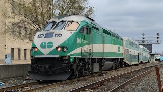 Rare Equipment Move GO E1970 Niagara Excursion  348 With 601 Pulling Into Hamilton GO Center [upl. by Kendrick]