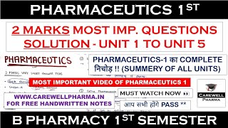 Solution 2 Marks  pharmaceutics 1 b pharmacy 1st semester  Quick Revision  Carewell Pharma [upl. by Susanetta]