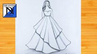 How to Draw Easy Girl with Beautiful Dress  Pencil Sketch for beginner  Easy Girl Drawing Tutorial [upl. by Carline867]