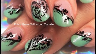 Valentines Day Nails  Black Lace Filigree Heart Nail Art Design [upl. by Rhona]