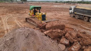 Part154 Super Dozers Push Level unloading Rock Mixed Stone With Dump Trucks Teams [upl. by Anuahs]