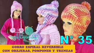 Como tejer el Gorro N° 35 o chullo a crochet en punto Espiral con orejeras y trenzas paso a paso [upl. by Temirf]