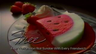 Friendlys Friendwich and Wattamelon Roll Sundae Commercial 1994 [upl. by Sabina145]