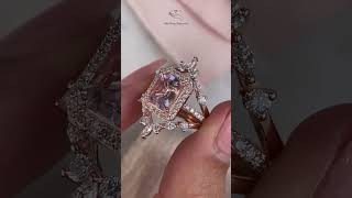 Emerald Cut Morganite amp Diamond Halo Bridal Ring Set [upl. by Attenreb]