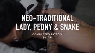 NEO TRADITIONALLADY PEONY amp SNAKE TATTOO tattoo [upl. by Wesla]