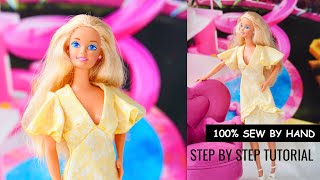 How to make flutter sleeve yellow summer dress  Barbie movie style sew by hand [upl. by Ayaj]