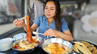 Real Mukbang Cheesy Spicy Rice Cakes Cheese Fries Creamy Tteokbokki Eating in my Kei Van ASMR 먹방 [upl. by Yle]