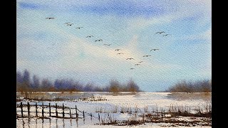 Paint Morgaines Simple Watercolor Wetlands Watercolour Landscape Painting tutorial GEESE Sky Demo [upl. by Nagem785]