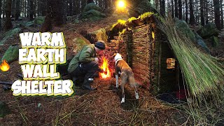 Insulated warm EARTH WALL shelter bushcraft style with Paddy amp Goji [upl. by Ynoble]