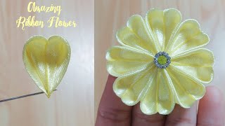 Kanzashi ribbon flower tutorialSatin ribbon craftRibbon flowers easyDiy flower making [upl. by Ravid]