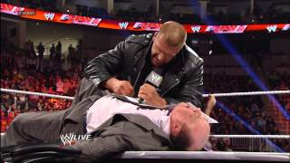 The WrestleMania contract signing between Triple H and Brock Lesnar ends in chaos Raw March 18 20 [upl. by Ihculo79]