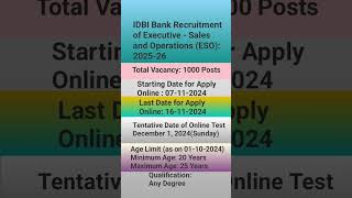 IDBI Bank Recruitment of Executive  Sales and Operations ESO  IDBI Bank Jobs  Bank Jobs [upl. by Emanuel]