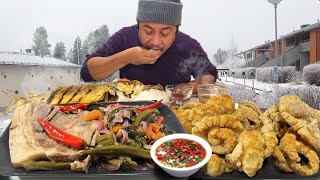 GIANT NAGMAMANTIKANG SINIGANG BABY BACK RIBS CHICHARON CRISPY PRITONG ISDA Filipino Food Mukbang [upl. by Anavoj]