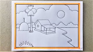 Village Scenery Drawing with Painting 🧡🧡🧡 Bangla VoiceTutorial [upl. by Yknarf298]