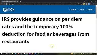 Guidance on per diem rates and the temporary 100 deduction for food or beverages from restaurants [upl. by Ahsinek]