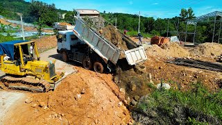 Small Project Completed 100 Landfill in Corner Dozer Pushes Cut Slope Road With 10 Wheels Trucks [upl. by Rasia]