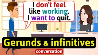 Gerunds and infinitives conversation At work  English Conversation Practice  Improve Speaking [upl. by Adnav]