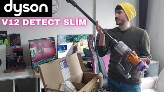 DYSON V12 Detect Slim Absolute Kablosuz Şarjlı Dikey Süpürge  Kutu Açılımı Test [upl. by Ainez]