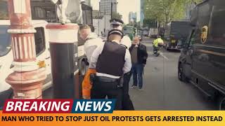 MAN TRYING TO CLEAR ROAD IN JUST STOP OIL PROTEST GETS ARRESTED INSTEAD [upl. by Fulvi62]