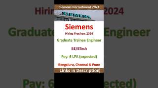 Siemens Off Campus Drive 2024  Graduate Engineer Trainee  BE BTech  Fresher Jobs [upl. by Biagio]