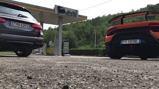 Rev battle and exhaust notes Lamborghini Huracan Performante vs MercedesAMG E 63 S [upl. by Kahle891]