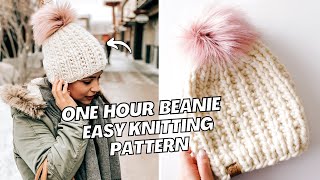 ONE HOUR Beanie beginnerfriendly knitting pattern and tutorial  CJ Design blog [upl. by Kazim]