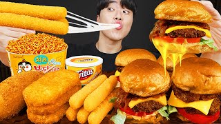 ASMR MUKBANG 직접 만든 치즈 햄버거 치즈스틱 불닭볶음면 핫도그 먹방 amp 레시피 FIRE NOODLES AND BURGER EATING SOUND [upl. by Thea]