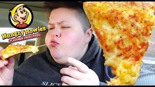 MUKBANG  Mac amp Cheese PIZZA  Reviewing the NEW Hungry Howies Macaroni amp Cheese Pizza [upl. by Annaiuq]