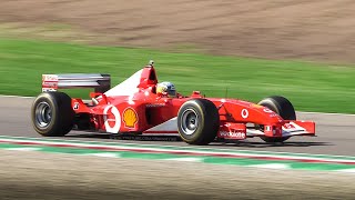 Ferrari F2002 F1 Car singing at Imola Circuit Best of V10 Sounds Accelerations amp Fly Bys [upl. by Oicangi]