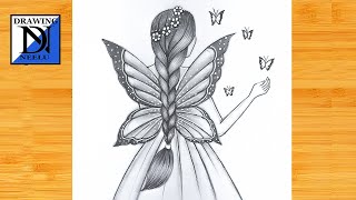 How to draw a Girl with Butterfly wings  Pencil sketch for beginner  Easy drawing  Drawing [upl. by Naginarb469]