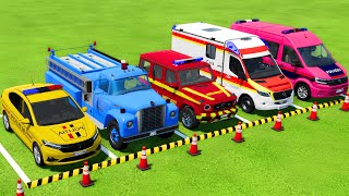 TRANSPORTING POLICE CARS FIRE DEPARTMENT AMBULANCE VEHICLES WITH MAN TRUCKS  Farming Simulator 22 [upl. by Meadow]