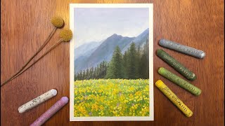 Oil Pastel Painting 04  mountain trees and flowers [upl. by Eecyak]