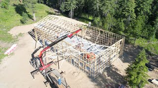 Barndominium project  Standing walls setting trusses and Timelapse roof metal CRASHED MY DRONE [upl. by Pris]