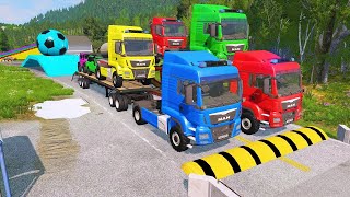 Double Flatbed Trailer Truck vs Speedbumps Train vs Cars  Tractor vs Train BeamngDrive 050 [upl. by Kaitlynn812]