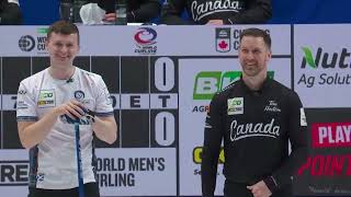 wmcc2023 Brad Gushue amp Bruce Mouat react to Joël Retornaz split attempt for 3 to win [upl. by Senaj]