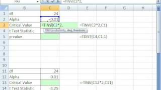 Excel Statistics 91 TINV amp TDIST functions for Critical Value and Pvalue 6 examples [upl. by Novehc65]