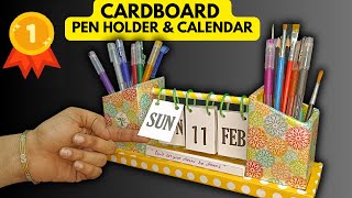 DIY CARDBOARD DESK CALENDAR  Pen Holder Organizer with Calendar  Cardboard Craft Ideas Art amp Craft [upl. by Gazo]