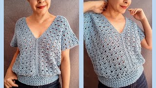 Blusa a crochet con cuello en V para mujer ¡SÚPER FÁCIL y paso a paso [upl. by Juster811]