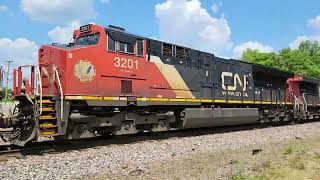 CN 2976 3201 5706 Eastbound train with coil cars BN BNSF hoppers GATX ICG bulkhead flat cars [upl. by Amled626]