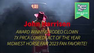 Watch PRCA Award Winning Barrelman John Harrison with his horse Snoopy at Midwest Horse Fair 2023 [upl. by Odlonra]