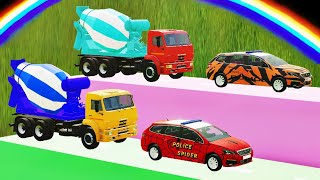 TRANSPORTING POLICE CAR SPODER amp MIXER TRUCK TRACK RAINBOW PEAGEOUT MAN DACIA SCANIA 364  FS22 [upl. by Datha107]