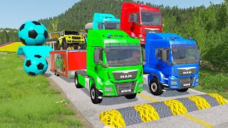 Double Flatbed Trailer Truck vs Speedbumps Train vs Cars  Tractor vs Train BeamngDrive 058 [upl. by Idonna510]