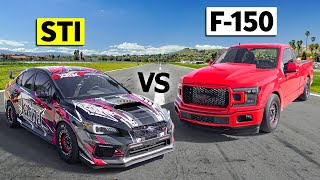 Speed Shop vs BoltOn Build 1150 HP Subaru WRX STI drag races Twin Turbo Ford F150 [upl. by Enuj]