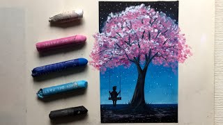 Easy Oil Pastel Drawing  Chillin under Cherry blossom tree [upl. by Kan]